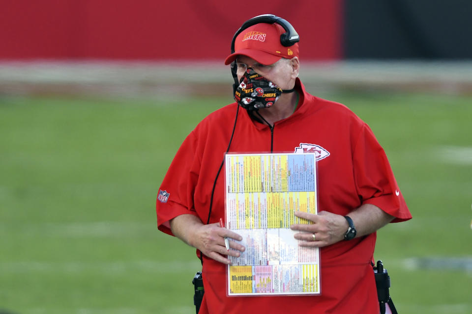 Kansas City Chiefs head coach Andy Reid wears a protective face mask during the first half of an NFL football game against the Tampa Bay Buccaneers Sunday, Nov. 29, 2020, in Tampa, Fla. (AP Photo/Jason Behnken)