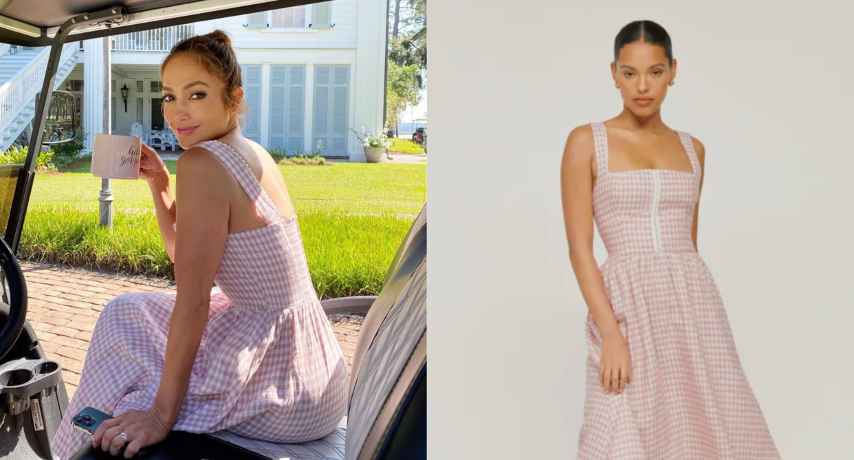 Jennifer Lopez wearing pink and white gingham Reformation Tagliatelle Linen Dress sitting in golf cart drinking coffee