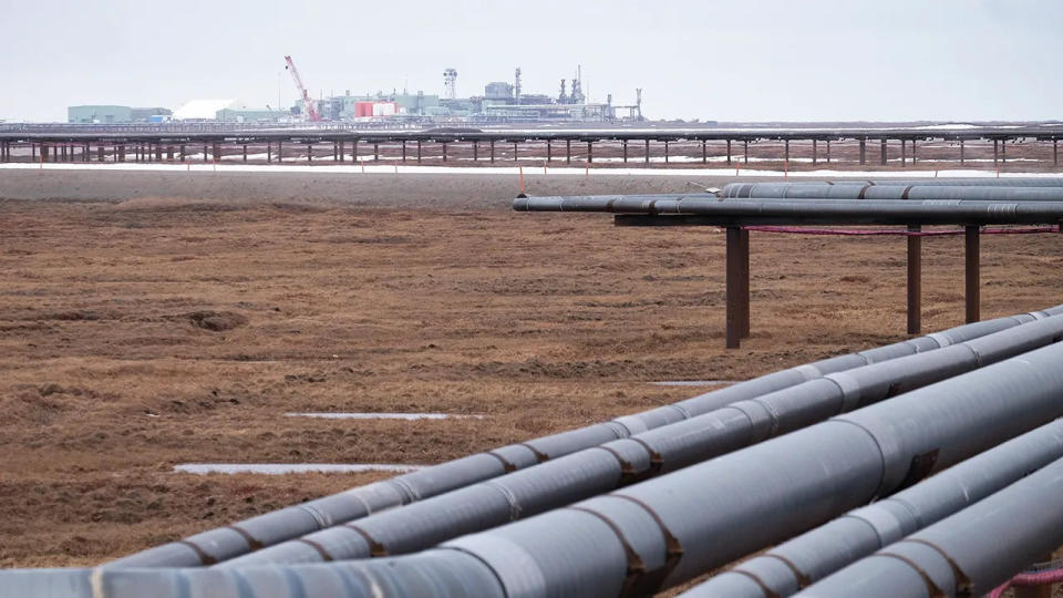 Oil pipelines stretch across the landscape outside Nuiqsut, Alaska, where ConocoPhillips operates the Alpine Field on May 28, 2019.