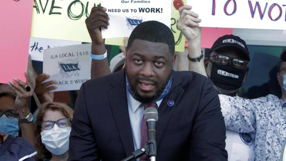 President of I.L.A. Local 1416, Torin Ragin speaks to a gathering of longshoremen and travel agents during a rally on Monday, September 28, 2020, at PortMiami Terminal D to urge the CDC to lift the no-sail order for cruising and allow the industry to restart.