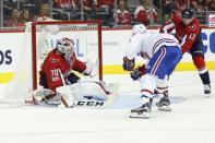 Oct 7, 2017; Washington, DC, USA; Montreal Canadiens right wing Brendan Gallagher (11) scores a goal past Washington Capitals goalie Braden Holtby (70) during the second period at Verizon Center. The Capitals won 6-1. Mandatory Credit: Amber Searls-USA TODAY Sports