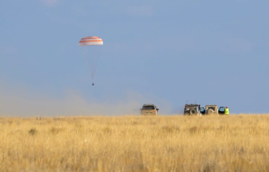 The Soyuz MS-23 spacecraft lands in a remote area near the town of Zhezkazgan, Kazakhstan with NASA astronaut Frank Rubio and Russian cosmonauts Sergey Prokopyev and Dmitri Petelin, Wednesday, Sept. 27, 2023. The extended mission means that NASA astronaut Frank Rubio now holds the record for longest spaceflight by an American. (Bill Ingalls/NASA via AP)