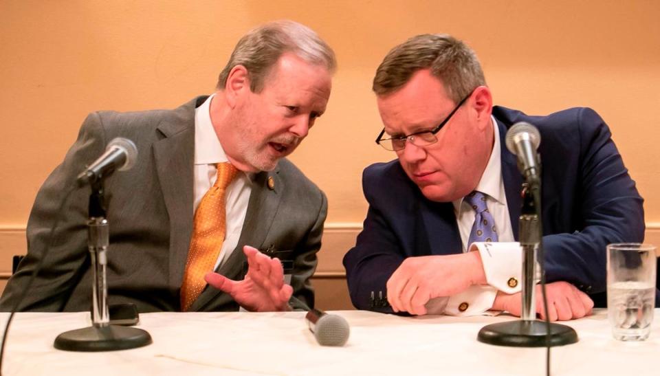 North Carolina Republican General Assembly leadership is Senate leader Phil Berger, left, and House Speaker Tim Moore, right.