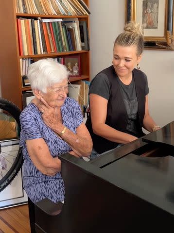 <p>Rachel Platten/TikTok</p> Sharing smiles as Gloria Mikialian ponders Rachel Platten's new song "Girls."