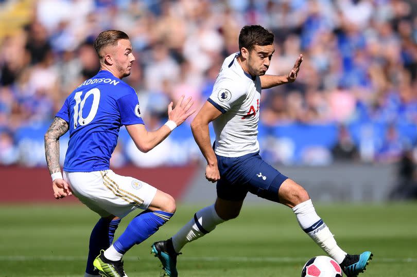 Harry Winks of <a class="link " href="https://sports.yahoo.com/soccer/teams/tottenham/" data-i13n="sec:content-canvas;subsec:anchor_text;elm:context_link" data-ylk="slk:Tottenham Hotspur;sec:content-canvas;subsec:anchor_text;elm:context_link;itc:0">Tottenham Hotspur</a> is challenged by <a class="link " href="https://sports.yahoo.com/soccer/players/389525/" data-i13n="sec:content-canvas;subsec:anchor_text;elm:context_link" data-ylk="slk:James Maddison;sec:content-canvas;subsec:anchor_text;elm:context_link;itc:0">James Maddison</a> of Leicester City during the Premier League match between Leicester City and Tottenham Hotspur at The King Power Stadium -Credit:Laurence Griffiths/Getty Images