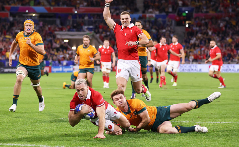 Gareth Davies, pictured here scoring for Wales against the Wallabies at the Rugby World Cup.