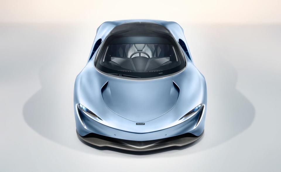 <p>Billed as a "hyper-GT," the streamlined <a href="https://www.caranddriver.com/news/a24177578/2020-mclaren-speedtail-hybrid-photos-info/" rel="nofollow noopener" target="_blank" data-ylk="slk:Speedtail;elm:context_link;itc:0;sec:content-canvas" class="link ">Speedtail</a> revives the 1+2-seat cockpit (that's three across seating) from <a href="https://www.caranddriver.com/reviews/a15142653/mclaren-f1-supercar-road-test-review/" rel="nofollow noopener" target="_blank" data-ylk="slk:the McLaren F1;elm:context_link;itc:0;sec:content-canvas" class="link ">the McLaren F1</a>, with a twin-turbo 4.0-liter V-8 hybrid powertrain producing 1036 horsepower. The Speedtail is said to be capable of reaching 186 mph in 12.8 seconds before topping out at 250 mph. All 106 examples slated for production have been spoken for<br></p>