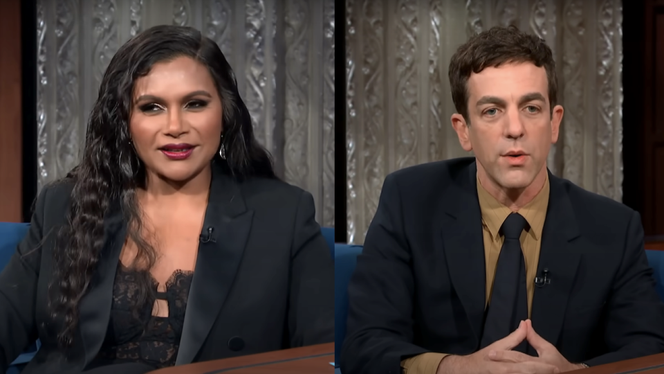  Mindy kaling and b.j. novak interviews on the late show with stephen colbert . 