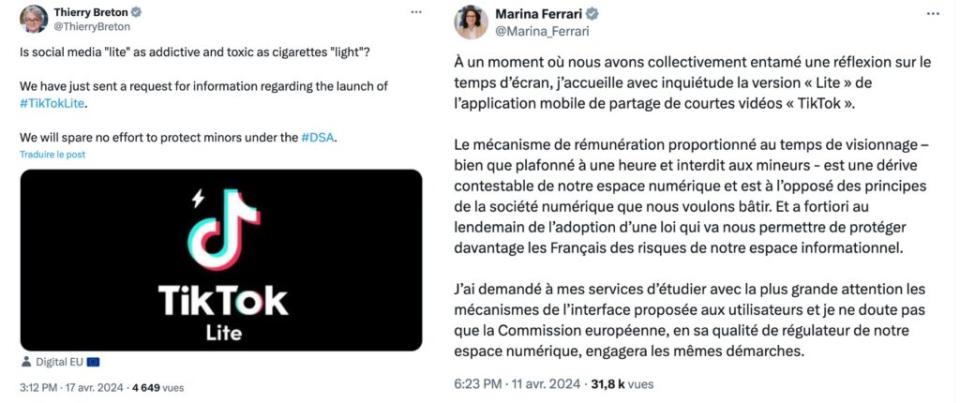 Les tweets de Thierry Breton et Marina Ferrari sur TikTok Lite.
