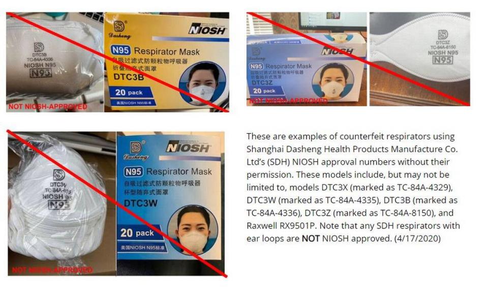 This screenshot from the a CDC web page shows counterfeit N95-style respirator masks.