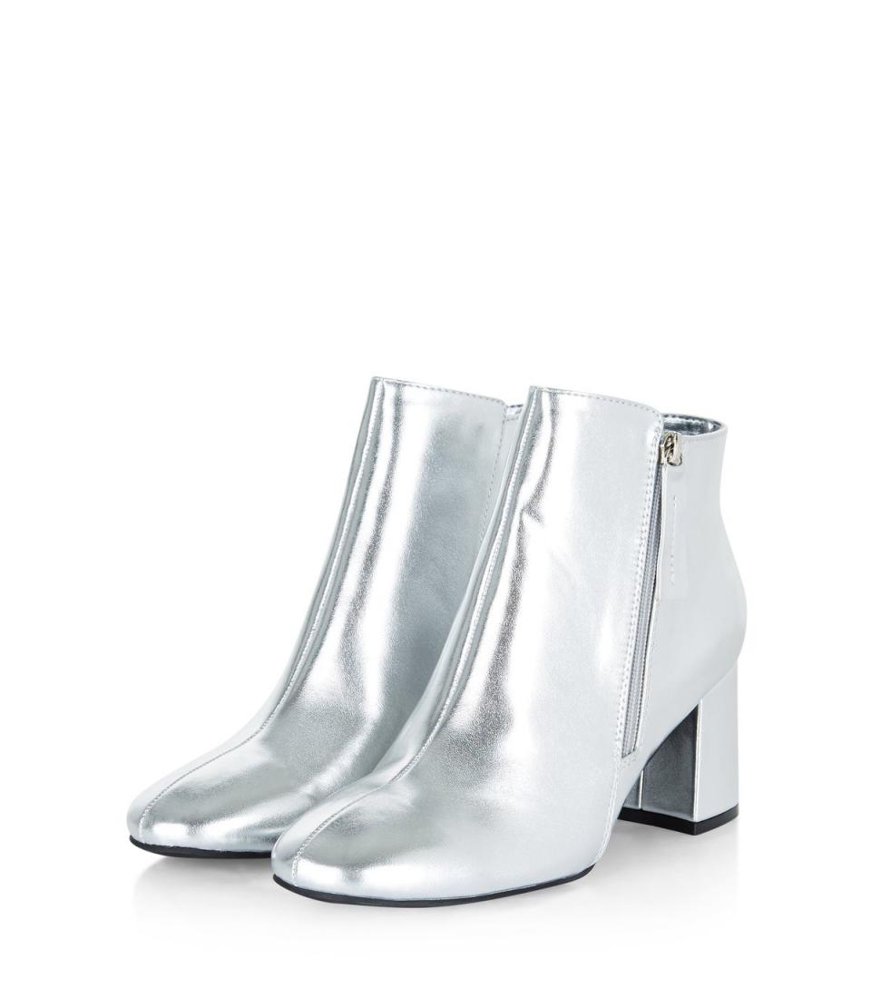 Silver Metallic Flared Heel Ankle Boots