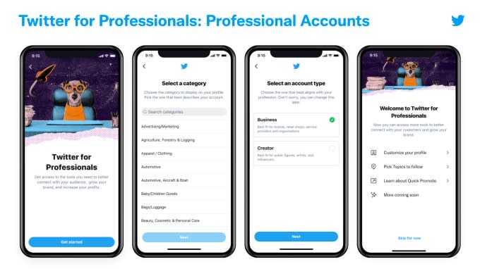 Twitter for professionals account flow image from Twitter. The image shows how you can select a category of your profile, choose if you're a business or a creator, and make your professional account.