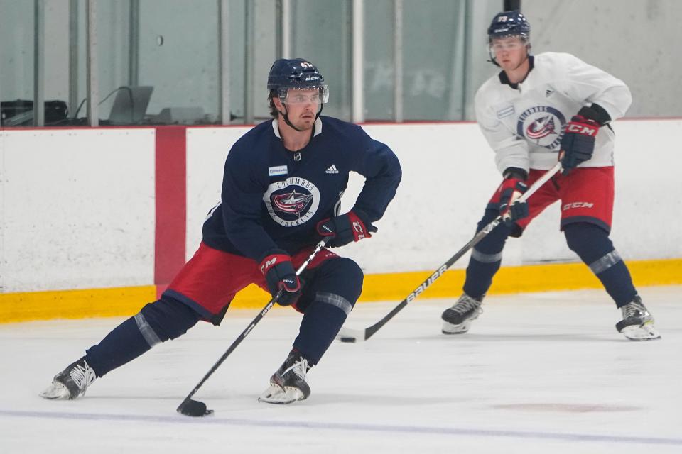 Jul. 12, 2022; Lewis Center, OH USA;  Columbus Blue Jackets defenseman Marcus Bjork skates during development camp at the OhioHealth Chiller North in Lewis Center on July 12, 2022. Mandatory Credit: Adam Cairns-The Columbus Dispatch