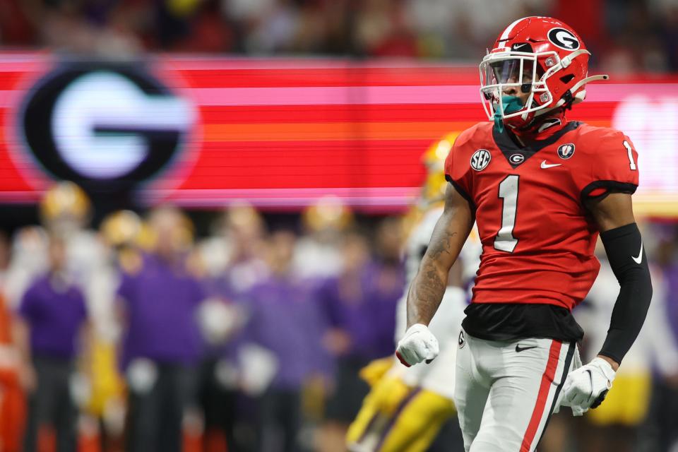 Dec 3, 2022; Atlanta, GA, USA; Georgia Bulldogs defensive back Nyland Green (1) reacts against the LSU Tigers during the first quarter at Mercedes-Benz Stadium.