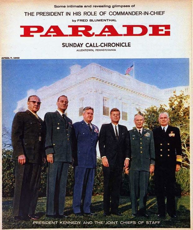 <p>Approximately six months prior to his assassination, Kennedy (here, with his Joint Chiefs of Staff) was on the cover of our April 7, 1963 issue.</p>