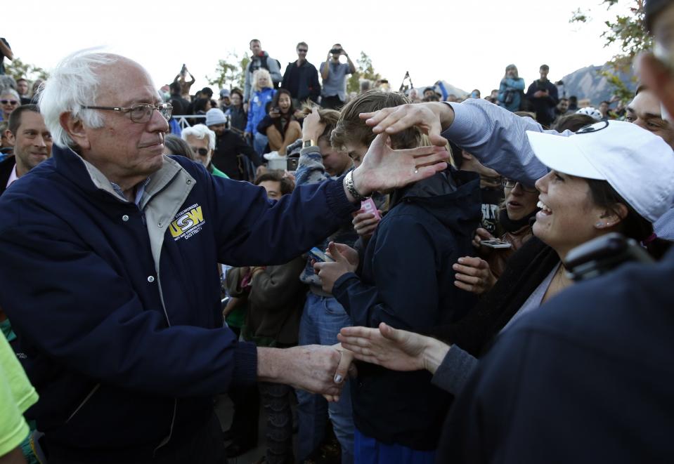 Sen. Bernie Sanders greets supporters at a rally in support of Colorado Amendment 69, a ballot measure to set up the nation's first universal health-care system, on campus of the University of Colorado, in Boulder, Colo., Monday, Oct. 17, 2016. (Photo: Brennan Linsley/AP)