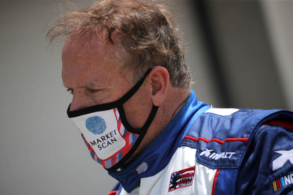 INDIANAPOLIS, INDIANA - JULY 03:  Mike Wallace, driver of the #0 Market Scan Chevrolet, stands in the garage area during practice for the NASCAR Xfinity Series Pennzoil 150 at the Brickyard at Indianapolis Motor Speedway on July 03, 2020 in Indianapolis, Indiana. (Photo by Chris Graythen/Getty Images)