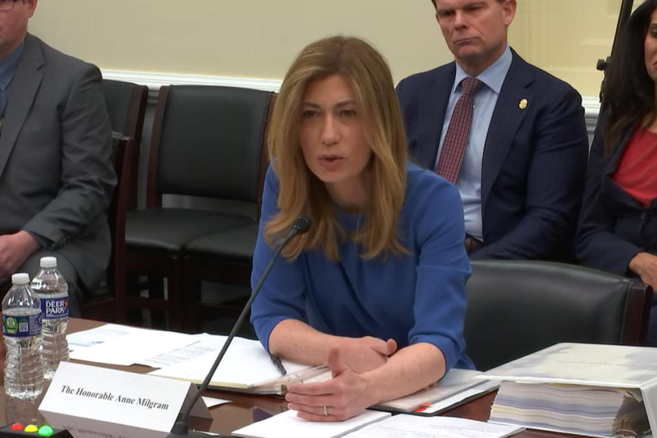 In this image from video provided by the U.S. House Appropriations Committee, Drug Enforcement Administration chief Anne Milgram speaks during a meeting with the committee on Capitol Hill in Washington on Thursday, April 27, 2023. During the session, lawmakers questioned Milgram over millions of dollars in no-bid contracts that are the subject of a watchdog probe into whether the agency improperly hired some of her past associates. (U.S. House Appropriations Committee via AP)