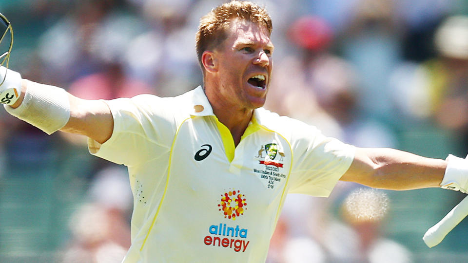David Warner celebrates after hitting a century in his 100th Test match.