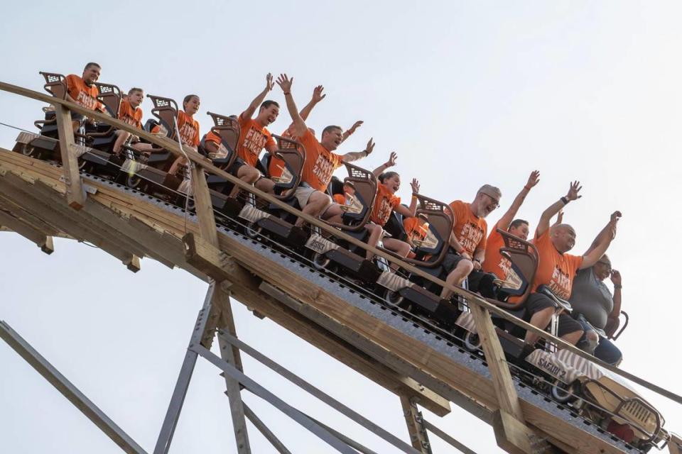 The first riders experience the reimagined Zambezi Zinger rollercoaster at Worlds of Fun on Friday, June 16, 2023, in Kansas City.