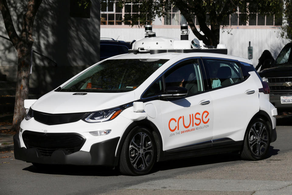 FILE PHOTO: A self-driving GM Bolt EV is seen during a media event where Cruise, GM’s autonomous car unit, showed off its self-driving cars in San Francisco, California, U.S. November 28, 2017. REUTERS/Elijah Nouvelage/File Photo
