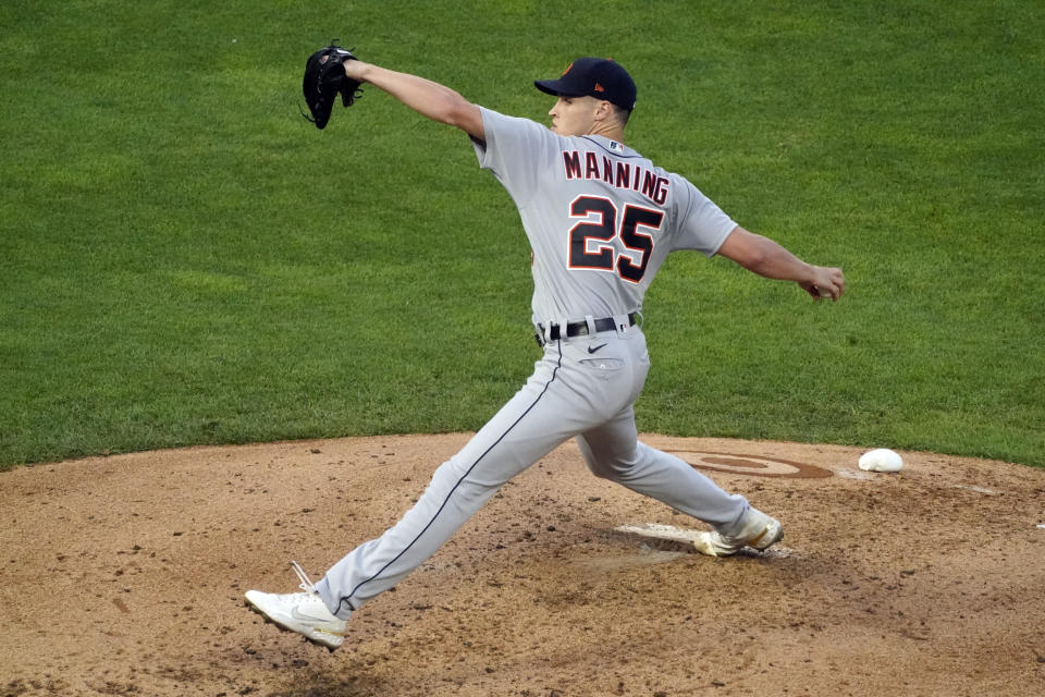 Detroit Tigers pitcher Matt Manning throws against the Minnesota Twins in the fifth inning of a baseball game, Friday, July 9, 2021, in Minneapolis. (AP Photo/Jim Mone)