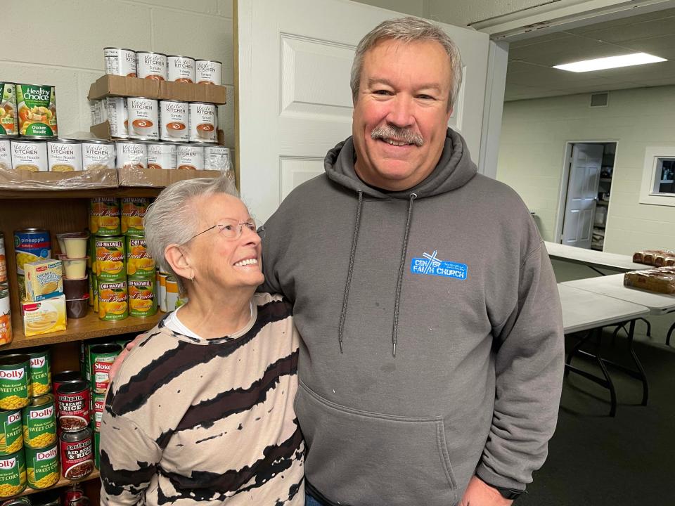Food Pantry Coordinator Suzanne Hawley and Pastor Barry Mayfield are all smiles in the food pantry at Center Faith Church Friday, Jan. 21, 2022.