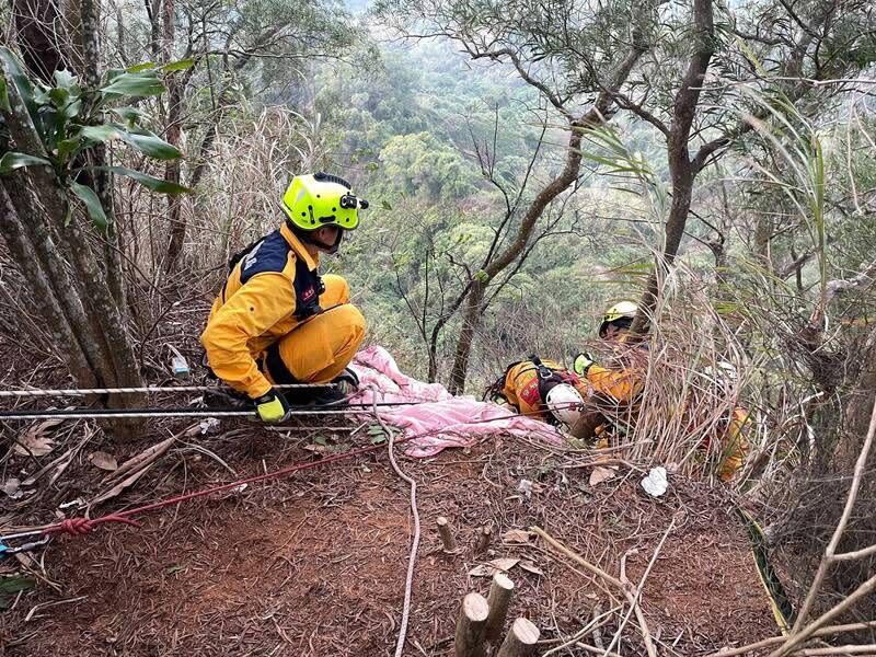 ▲彰化一名婦人，登山不慎墜落山谷，搜救隊沿著山壁進行地毯式搜救，最終在距離步道下方約75公尺處找到疑似失蹤者。（圖／翻攝畫面）