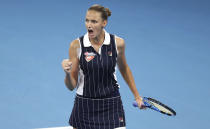 Karolina Pliskova of the Czech Republic reacts after winning a point during her final match against Madison Keys of the United States at the Brisbane International tennis tournament in Brisbane, Australia, Sunday, Jan. 12, 2020. (AP Photo/Tertius Pickard)