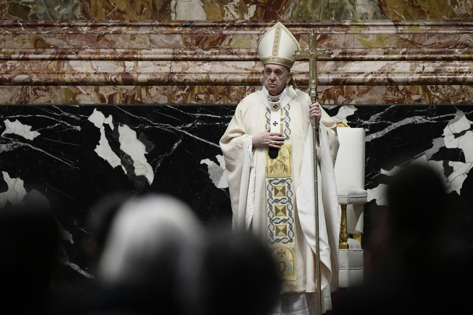 Pope Francis celebrates Easter Mass at St. Peter's Basilica at The Vatican Sunday, April 4, 2021, during the Covid-19 coronavirus pandemic. (Filippo Monteforte/Pool photo via AP)