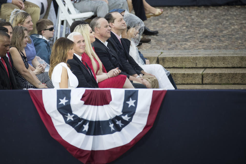 WASHINGTON, DC - JULY 04: First Lady Melania Trump, Vice President Mike Pence, Second Lady Karen Pence and Tiffany Trump listen as President Donald Trump delivers remarks at the "Salute to America" ceremony in front of the Lincoln Memorial, on July 4, 2019 in Washington, DC. The presentation featured armored vehicles on display, a flyover by Air Force One, and several flyovers by other military aircraft. (Photo by Sarah Silbiger/Getty Images)