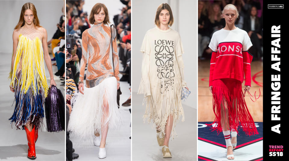 <p>Fransen-Kleider, -Tops und –Röcke konnte man während der ganzen Fashion Week überall entdecken. Der Stil der 80er Jahre feiert ein Comeback – dieses Mal in frischen Farben. (Bild: ImaxTree) </p>