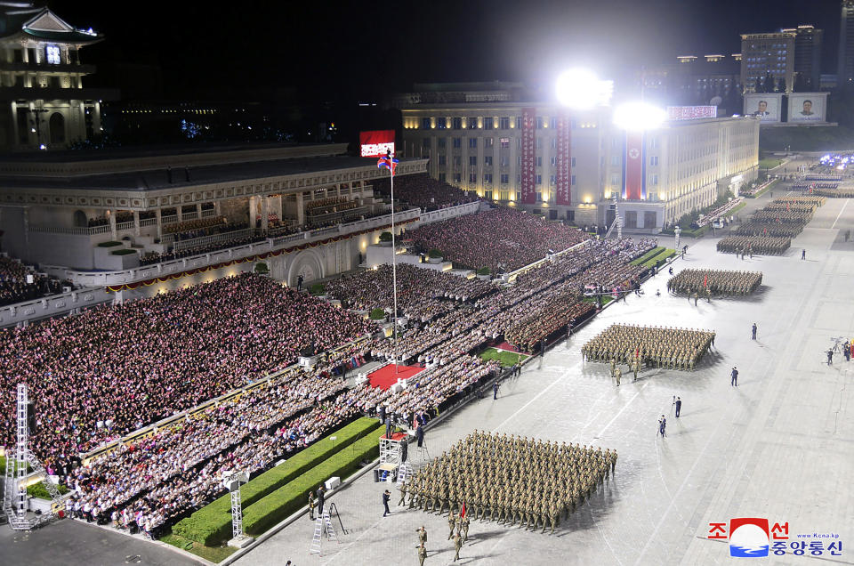 This photo provided Saturday, Sept. 9, 2023, by the North Korean government shows the paramilitary parade, marking North Korea’s 75th founding anniversary at Kim Il Sung Square in Pyongyang, North Korea, Friday, Sept. 8. Independent journalists were not given access to cover the event depicted in this image distributed by the North Korean government. The content of this image is as provided and cannot be independently verified. Korean language watermark on image as provided by source reads: "KCNA" which is the abbreviation for Korean Central News Agency. (Korean Central News Agency/Korea News Service via AP)