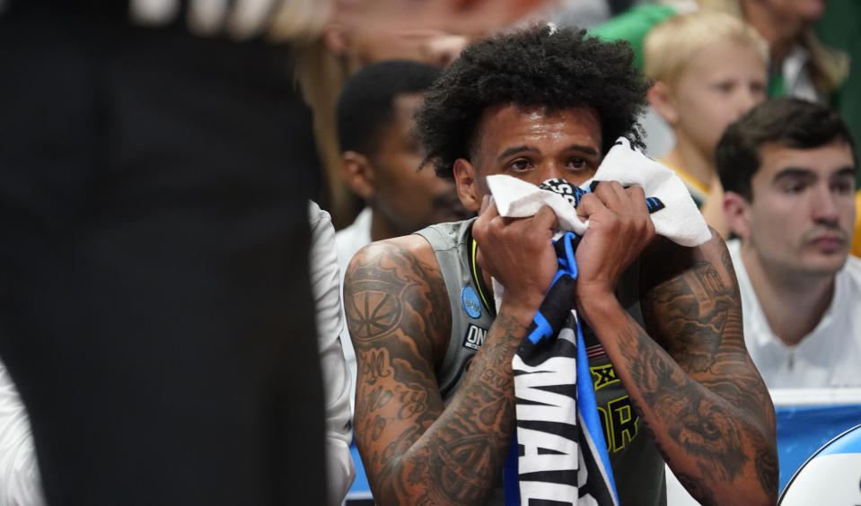 Baylor forward Jalen Bridges sits on the bench late in the the second half of the team's second-round college basketball game against Creighton in the men's NCAA Tournament on Sunday, March 19, 2023, in Denver. (AP Photo/John Leyba)