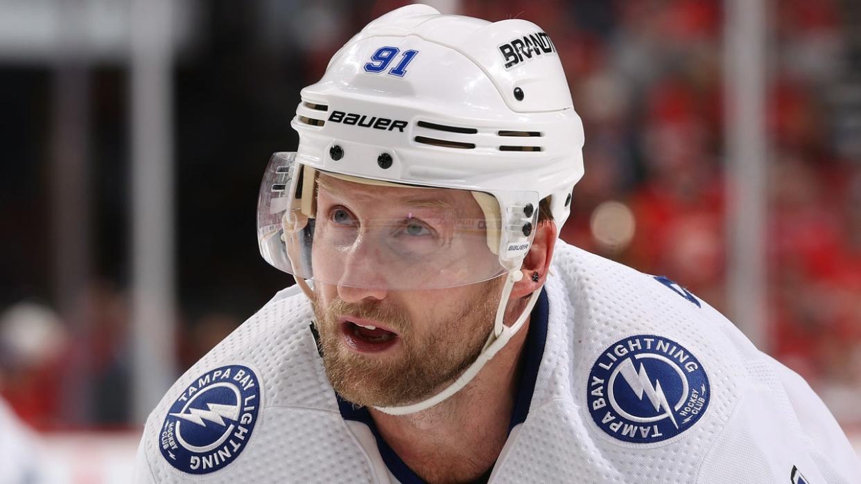 <div>Steven Stamkos #91 of the Tampa Bay Lightning prepares for a face-off against the Florida Panthers in Game Five of the First Round of the 2024 Stanley Cup Playoffs at the Amerant Bank Arena on April 29, 2024 in Sunrise, Florida. (Photo by Joel Auerbach/Getty Images)</div>