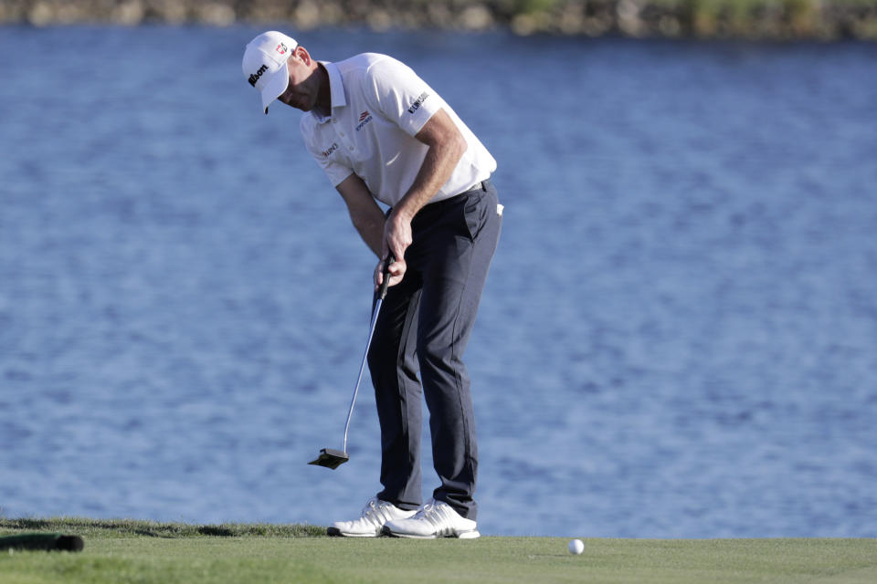 Brendan Steele hits from the 18th hole during the second round of the Honda Classic golf tournament, Friday, Feb. 28, 2020, in Palm Beach Gardens, Fla. (AP Photo/Lynne Sladky)