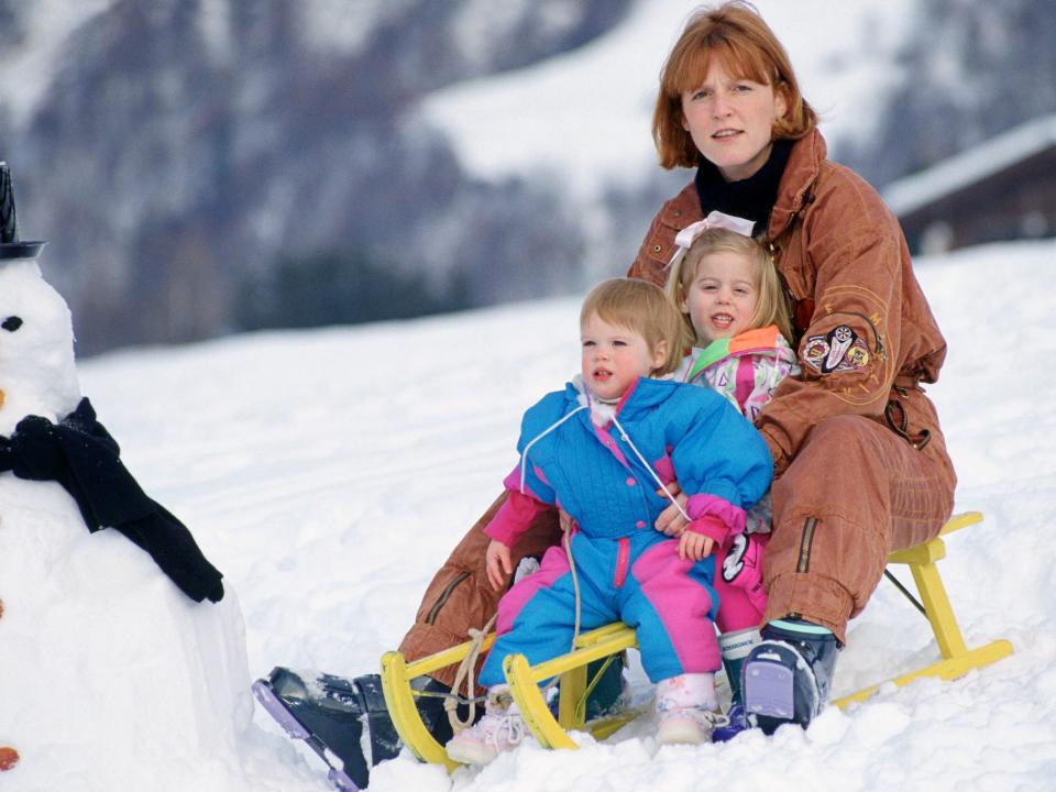 The Duchess Of York with Princess Beatrice and Princess Eugenie in Klosters in January 1992