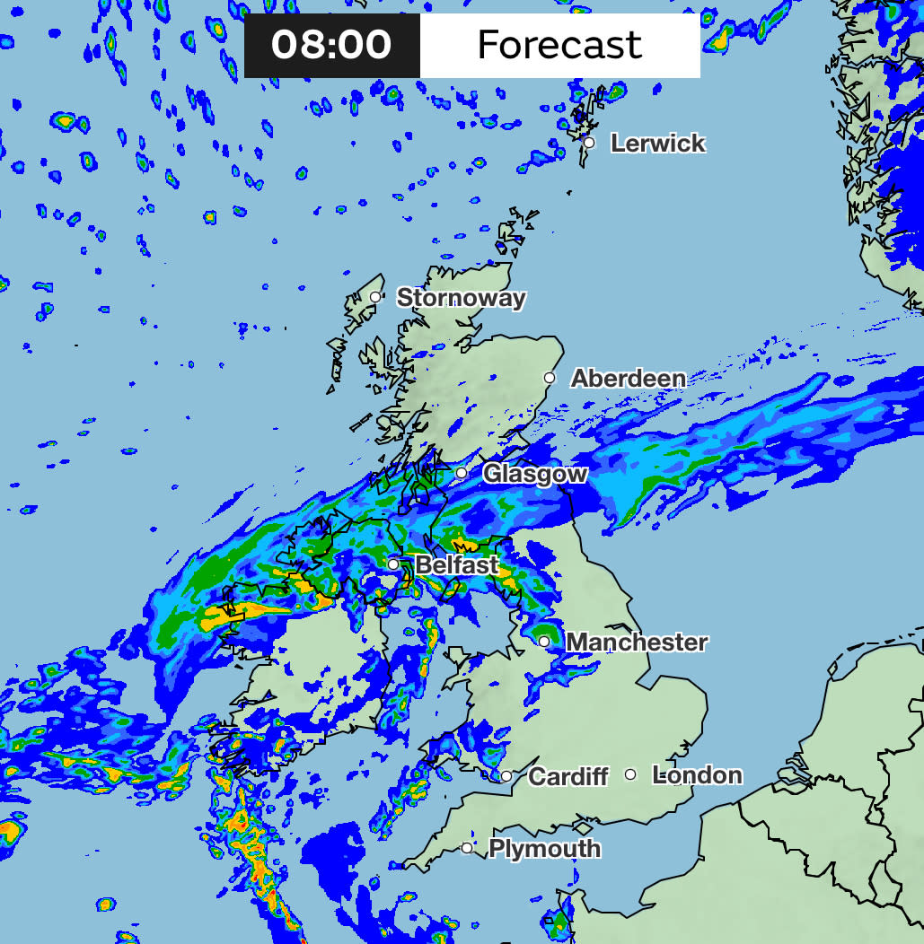 Predicted rainfall across the UK at 8am on Thursday. (Met Office)