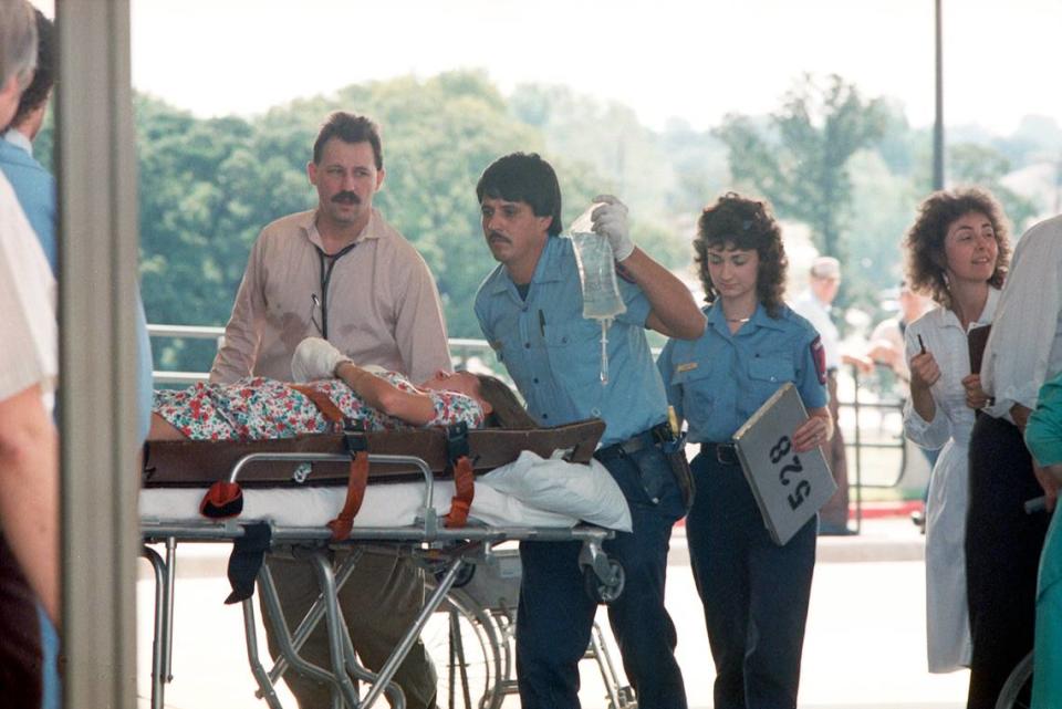 Aug. 31, 1988: Injured passengers from the crash of Delta 1141 at Dallas-Fort Worth International Airport were taken to the nearby HEB Hospital. Of the 101 passengers, 12 died in the accident, 22 were seriously injured, 49 sustained minor injuries and 18 walked away unharmed. Two of the four flight attendants died.