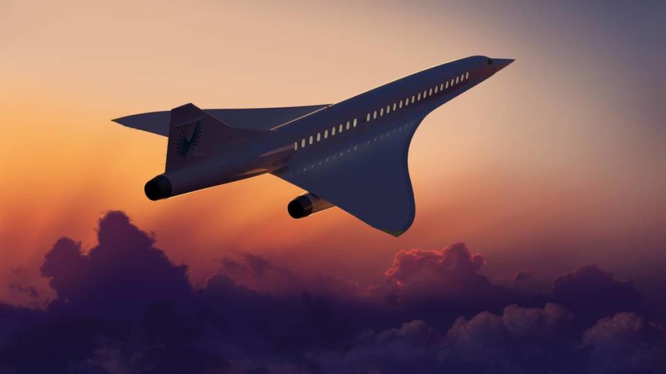 A rendering of Boom Supersonic’s Overture passenger jet, which will be able to seat 65-88 passengers, be net-zero on carbon emissions and travel at Mach 1.7 at a cruising altitude of 60,000 feet.