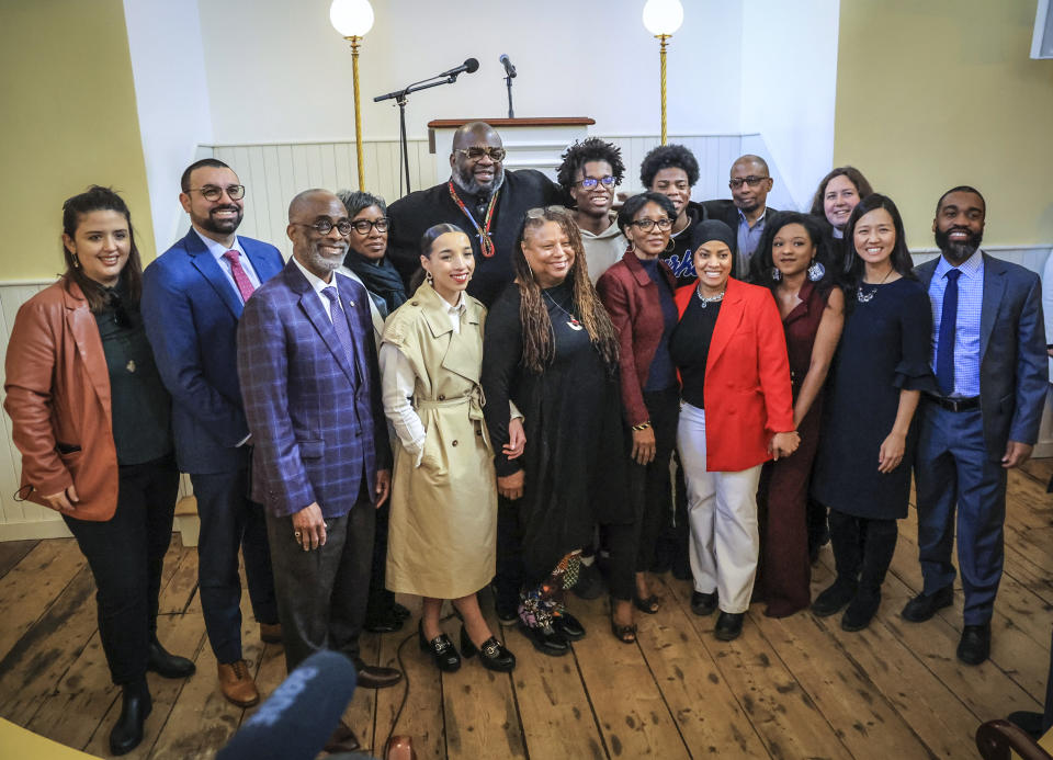 Boston Mayor Michelle Wu, second from right, with members of her new reparations task force at the Museum of African American History on Feb. 7, 2023. (Matthew J. Lee / Boston Globe via Getty Images)