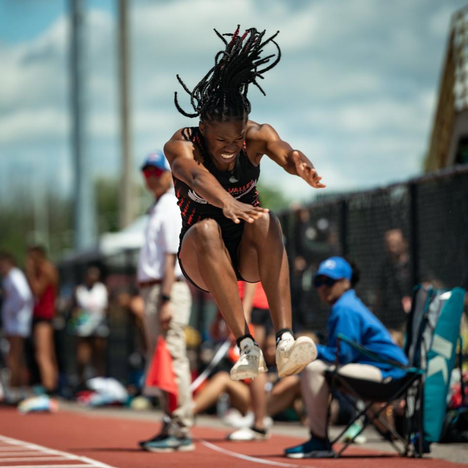 Simara Miller (Spring Valley) competes in the triple jump during the 2022 NYSPHSAA Outdoor Track and Field Championships in Syracuse on Friday, June 10, 2022.