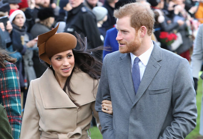 <p>Members Of The Royal Family Attend St Mary Magdalene Church In Sandringham<br />  KING'S LYNN, ENGLAND - DECEMBER 25: Meghan Markle and Prince Harry attend Christmas Day Church service at Church of St Mary Magdalene on December 25, 2017 in King's Lynn, England. (Photo by Chris Jackson/Getty Images)</p>