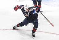 United States' Alex Turcotte celebrates his goal against Sweden during the second period of an IIHF World Junior Hockey Championship game Thursday, Dec. 31, 2020, in Edmonton, Alberta. (Jason Franson/The Canadian Press via AP)