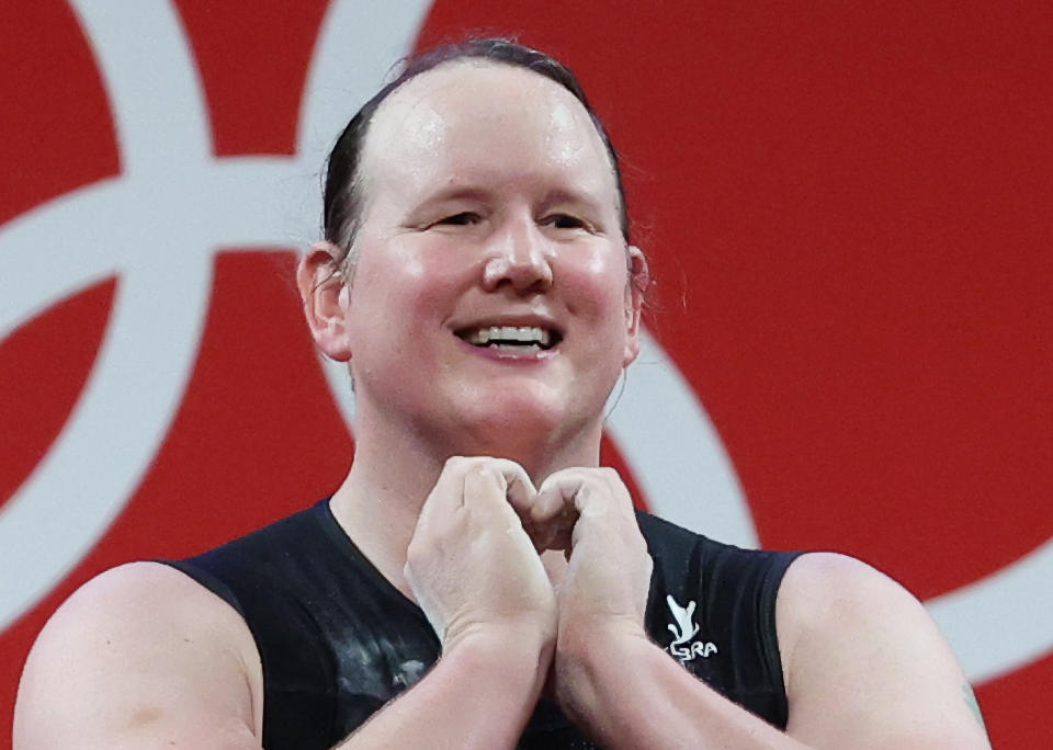 Pictured here, transgender New Zealand athlete Laurel Hubbard after crashing out of the weightlifting competition. 