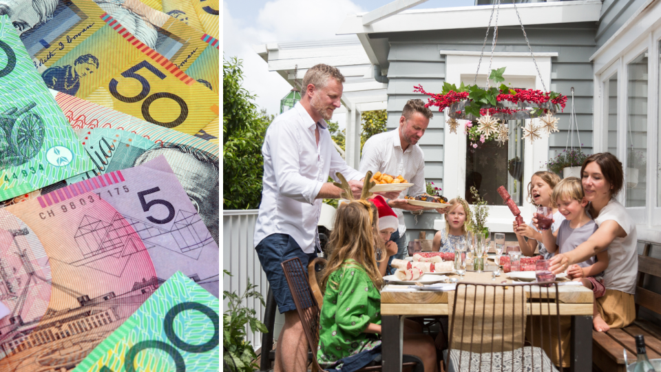 A composite image of Australian money and a family eating a Christmas lunch outside.