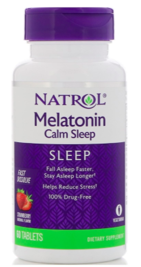 PHOTO: iHerb. Natrol, Melatonin Calm Sleep, fast dissolve, strawberry flavour, 60 tablets
