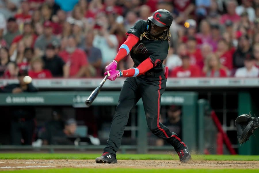 CINCINNATI, OHIO – JUNE 23: Elly De La Cruz #44 of the Cincinnati Reds hits a triple for the cycle in the sixth inning against the Atlanta Braves at Great American Ball Park on June 23, 2023 in Cincinnati, Ohio. (Photo by Dylan Buell/Getty Images)