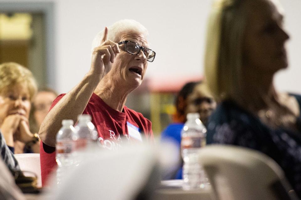 Jeff Woods makes an impassioned plea to Tennessee Representative Chris Todd during a We the People forum in Jackson, Tenn. on Thursday, May 11, 2023.