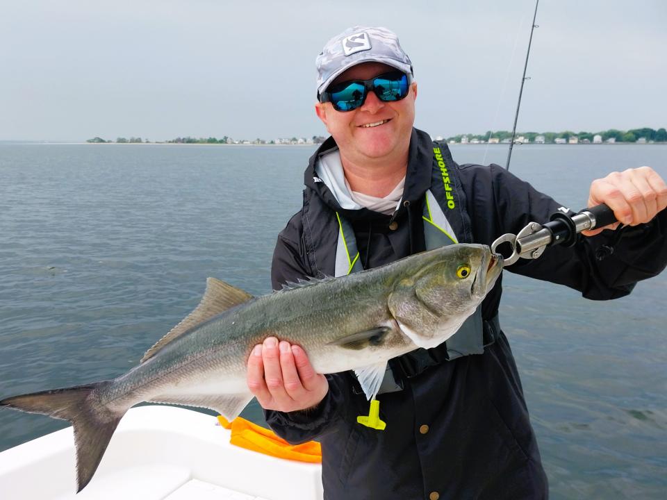 Brandon Davis, fishing north of Conimicut Point, said: “Bluefish here are large compared to what we catch in Chesapeake Bay, Maryland.”